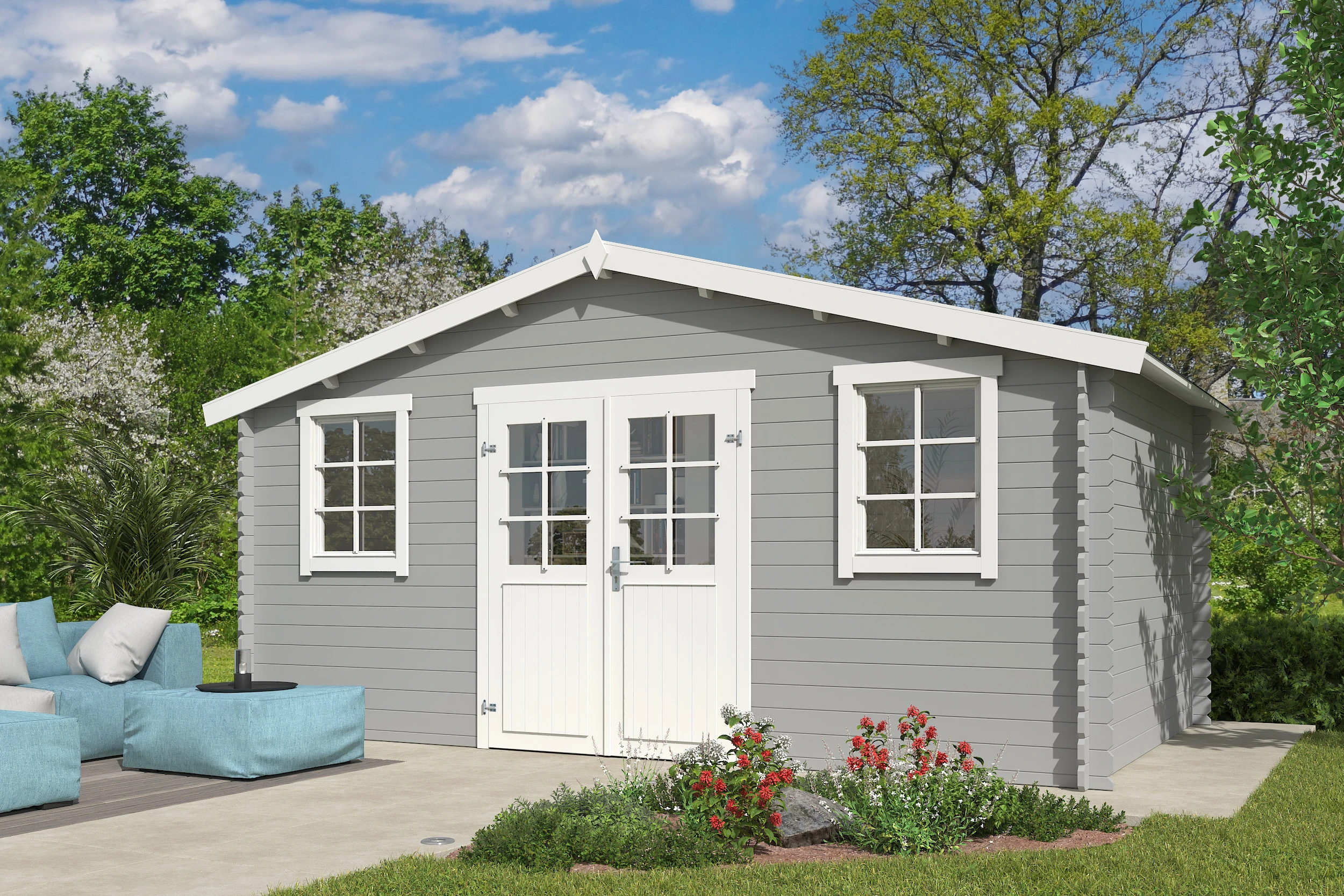 Outdoor Life Blokhut Udo Platinum Grey-Wit 480 x 300 cm - Afbeelding 1